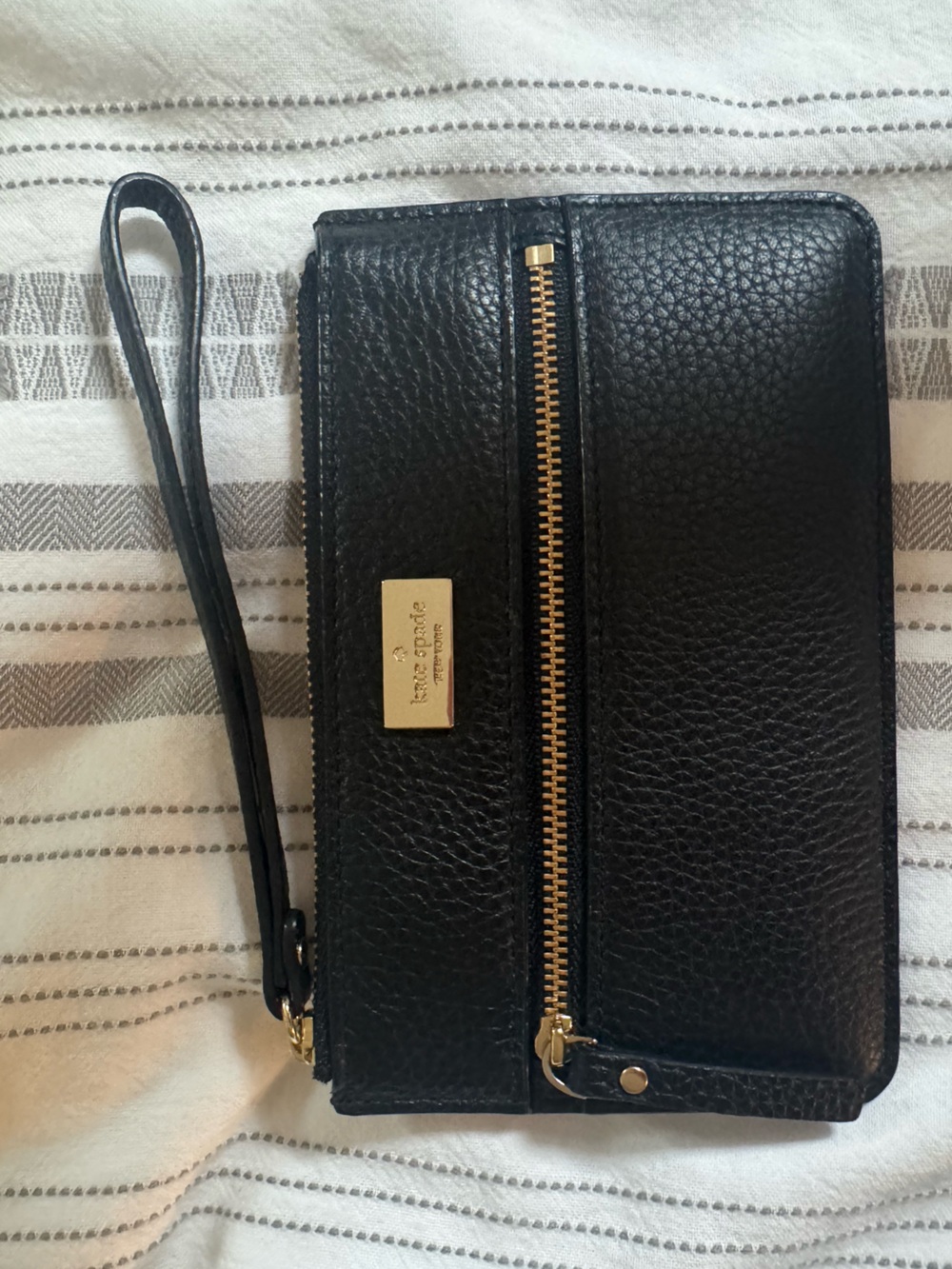 Black Kate Spade Black Leather Wristlet with Gold Hardware